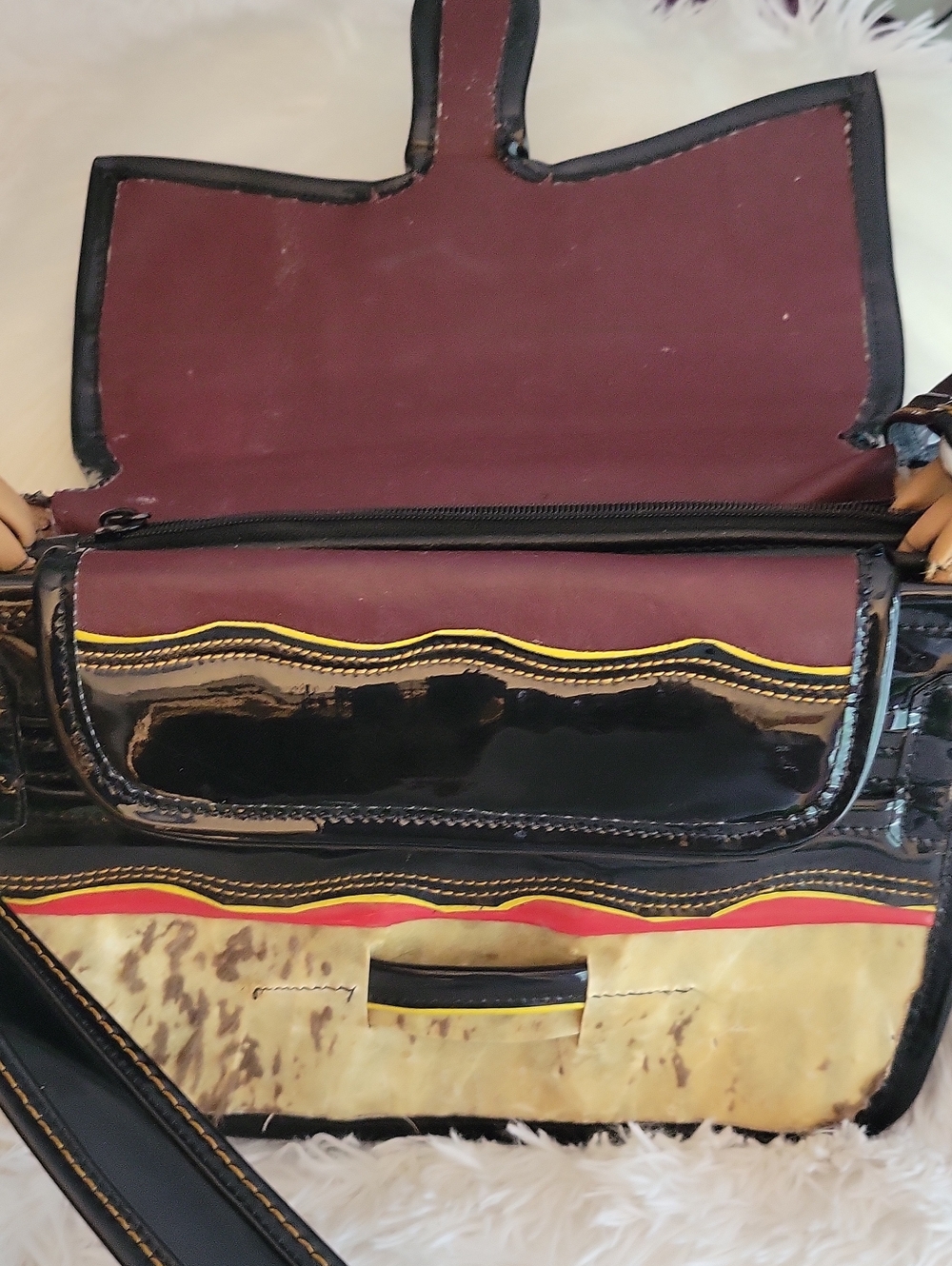 Women"s Black and Burgundy Vintage Multi-Accent Leather Shoulder Bag